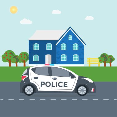 Polis yanıp sönen ışıklar çatı ile polis arabası, evi, doğa manzara, araç ile bir yolda devriye geziyor. Düz vektör çizim.