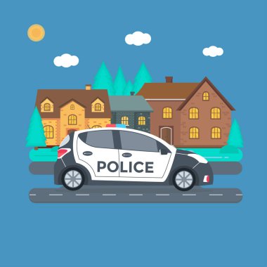 Polis yanıp sönen ışıklar çatı ile polis arabası, evi, doğa manzara, araç ile bir yolda devriye geziyor. Düz vektör çizim.