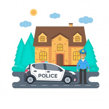 Polis arabası, memur, evi, doğa manzara ile bir yolda polis devriye. Polis üniforma, araca çatı ışıkları yanıp sönen ile. Düz vektör çizim.