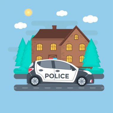 Polis yanıp sönen ışıklar çatı ile polis arabası, evi, doğa manzara, araç ile bir yolda devriye geziyor. Düz vektör çizim.