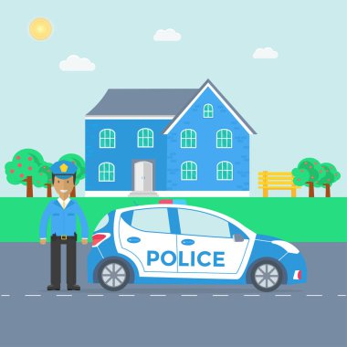 Polis arabası, memur, evi, doğa manzara ile bir yolda polis devriye. Polis üniforma, araca çatı ışıkları yanıp sönen ile. Düz vektör çizim.