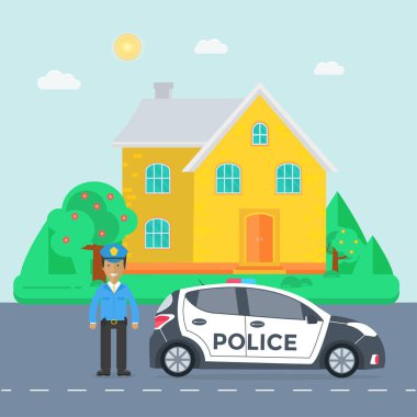 Polis arabası, memur, evi, doğa manzara ile bir yolda polis devriye. Polis üniforma, araca çatı ışıkları yanıp sönen ile. Düz vektör çizim.