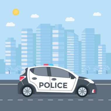 Polis devriye polis arabası, evi, doğa manzara ile bir yolda. araç çatı ışıkları yanıp sönen ile. Düz vektör çizim.