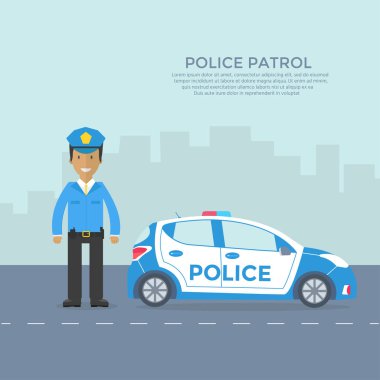 Polis arabası, memur, evi, doğa manzara ile bir yolda polis devriye. Polis üniforma, araca çatı ışıkları yanıp sönen ile. Düz vektör çizim.