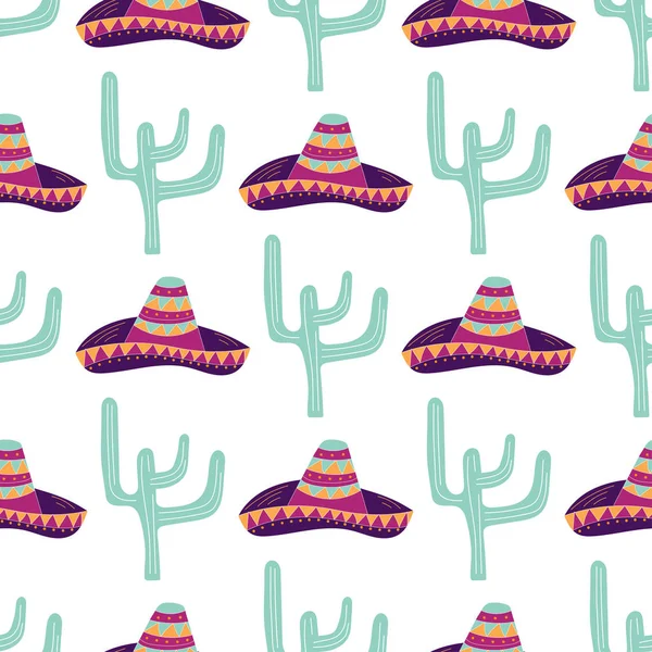 Modèle Sans Couture Avec Sombrero Dessiné Main Cactus Peut Être — Image vectorielle