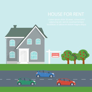 Ev satın alma teklifi. Gayrimenkul Kiralama. Vektör düz tasarımı, kentsel peyzaj.