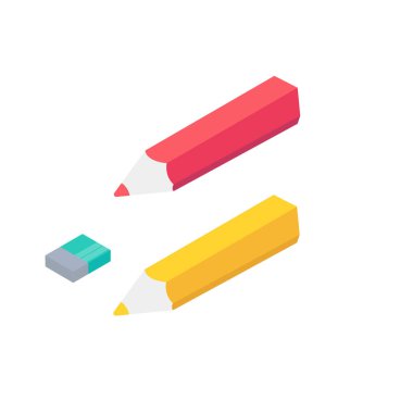 İzometrik 3d okul malzemeleri seti ile kalem, silgi. Vektör okul arka plan ileti örneği ile başa.