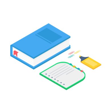 Kitap, defter, kalem, fosforlu kalem kümesiyle izometrik 3d okul malzemeleri.