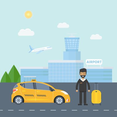 Makine sarı taksi sürücüsü ve havaalanındaki Bagaj ile. Genel taksi hizmeti kavramı