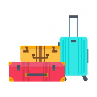 Bagaj, Bagaj, beyaz arka plan üzerinde izole bavul farklı türleri. Düz stil vektör illustratio