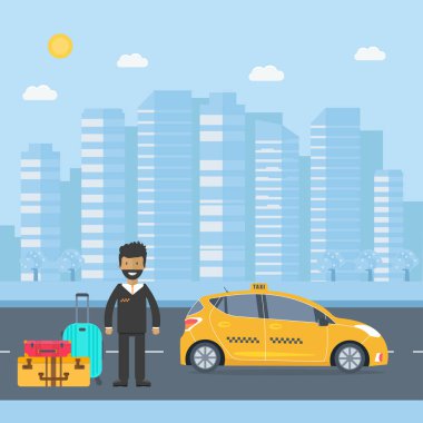 Makine sarı taksi sürücüsü ve Bagaj, şehir. Genel taksi hizmeti kavramı.