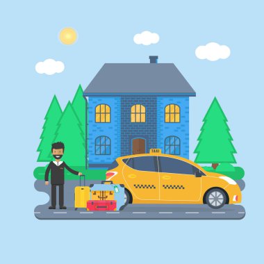 Makine sarı taksi sürücüsü ve Bagaj, şehir. Genel taksi hizmeti kavramı.