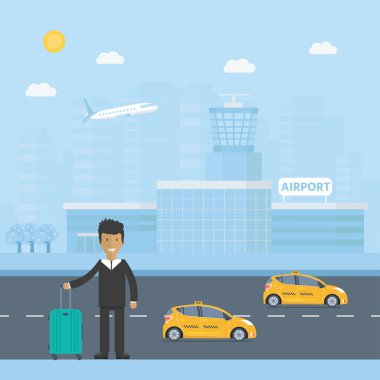 Sürücü, Bagaj ve modern Havaalanı terminal binası şehirde makine sarı taksiler. 