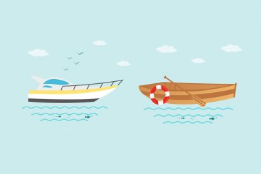 Deniz araçları topluluğu: yelkenli tekne, gemi, gemi, yat, sürat teknesi, kayık ahşap kürek ve şamandıra ile. Vector Icons set
