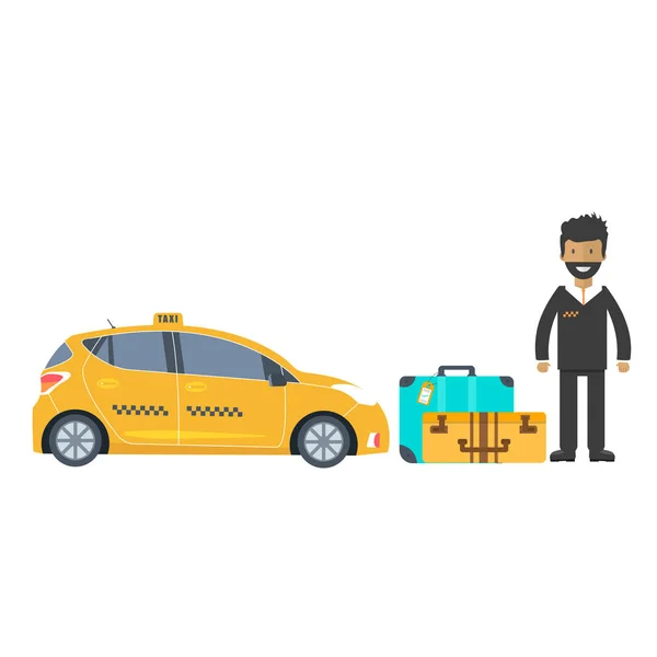 Strojně Žlutá Cab Řidičem Zavazadel Městě Koncepce Veřejné Taxi Služby — Stockový vektor