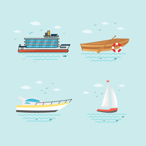 Collection of nautical vehicles: sail boat, ship, vessel, luxury yacht, speedboat, rowboat with wooden paddle and buoy. Vector set icons