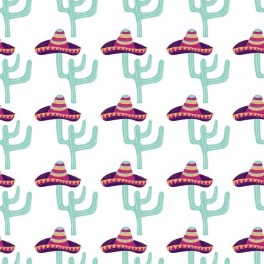 Sombreros ve kaktüsler üzerinde beyaz arka plan ile Seamless Modeli