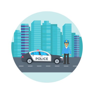 Polis devriye memuru ve arka plan üzerinde binalar ile yolda 