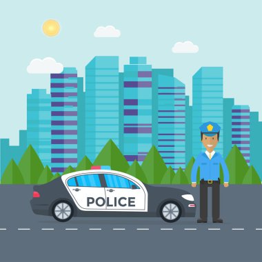 Polis devriye memuru ve arka plan üzerinde binalar ile yolda 