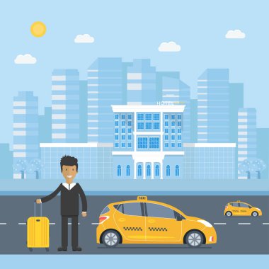 Makine sarı taksi sürücüsü ve Bagaj, genel taksi hizmet anlayışı ile