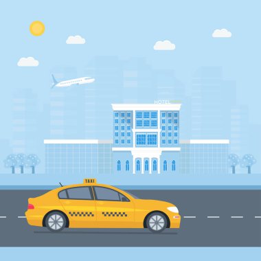 Makine sarı taksi ve otel, genel taksi hizmeti kavramı