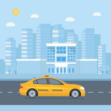 Makine sarı taksi ve otel, genel taksi hizmeti kavramı