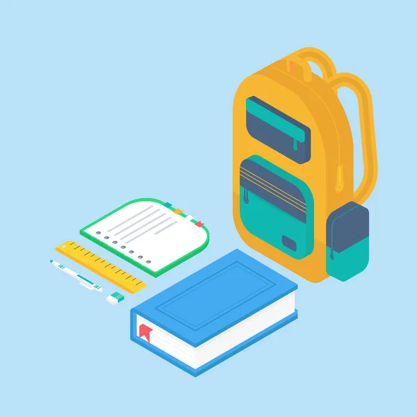 Conjunto Útiles Escolares Con Libro Cuaderno Pluma Mochila Borrador Regla — Vector de stock