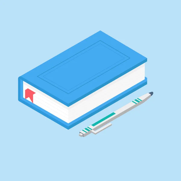 Schulbedarf Mit Buch Und Stift Auf Blauem Hintergrund — Stockvektor
