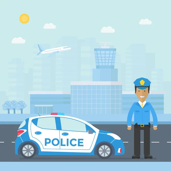 Polizeistreife Mit Auto Der Nähe Des Flughafens Unterwegs — Stockvektor