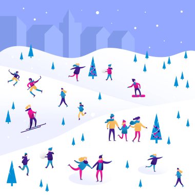 Kış manzarasında küçük insanlar, erkekler ve kadınlar, çocuklar ve aile. Kayak, kayak, snowboard sahnesi. Düz karakterler spor yapar. Tebrik kartı, poster ve afiş için Noel tasarımı