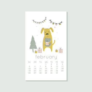 2020 takvimi için hoş bir tasarım. Hayvanlarla, köpeklerle, ağaçlarla geçen kış ayları. Hafta pazar günü başlıyor. Dikey düzenlenebilir sayfa şablonu web, pankart, poster ve yazdırılabilir grafik için kullanılabilir