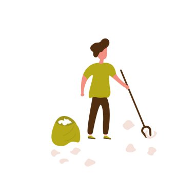 Gönüllü genç adam şehir parkındaki çöpleri temizliyor, küçük insanlar, çocuklar. Sosyal hizmet görevlileri konsepti için gönüllü olmanın vektör illüstrasyonu. Sancak şablonu