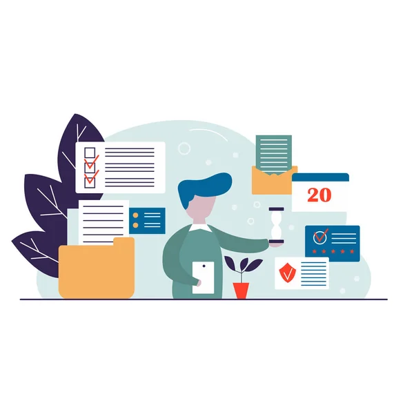 Karakter, çalar saat, iş planı, kontrol noktaları ve planlayıcı ile izole edilmiş çalışma zamanı yönetimi konsepti. İllülasyon web pankartı, bilgi grafikleri ve sunumlar için kullanılabilir
