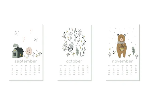 美丽的设计为2020日历,秋天的几个月与花卉和花卉. 周开始于周日。 垂直可编辑日历页模板可用于Web 、横幅、海报和可打印图形 — 图库矢量图片