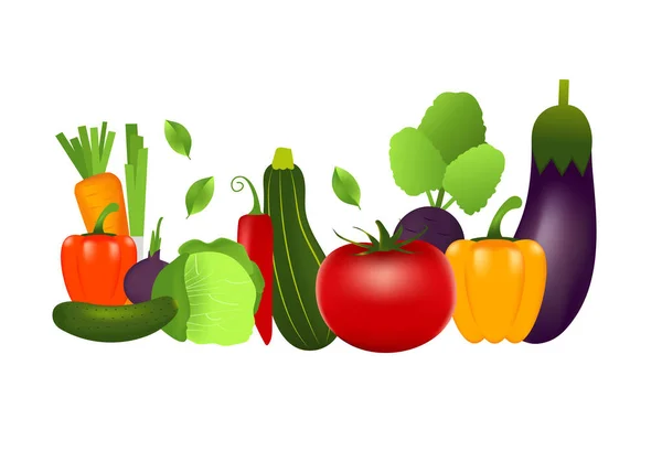 Horizontale banner sjabloon voor lokale markt met set van realistische gezonde groenten zoals: wortel, tomaat, peper, pompoen. vector banner over voeding, eco food — Stockvector