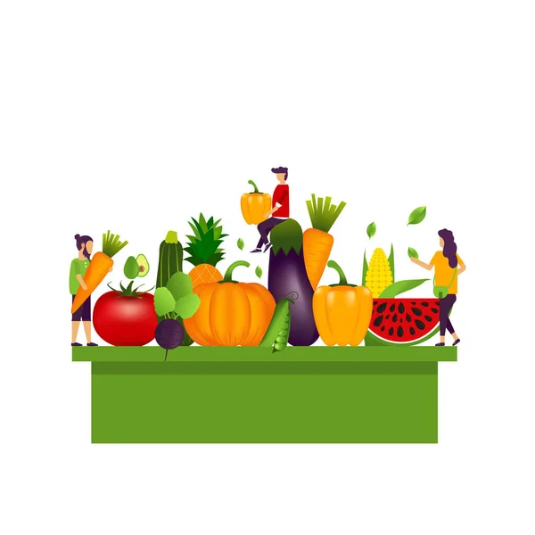 Modello di pagina di atterraggio per il mercato locale con piccole persone e una serie di verdure sane realistiche come: carota, pomodoro, pepe, zucca. banner vettoriale sulla dieta, cibo ecologico — Vettoriale Stock