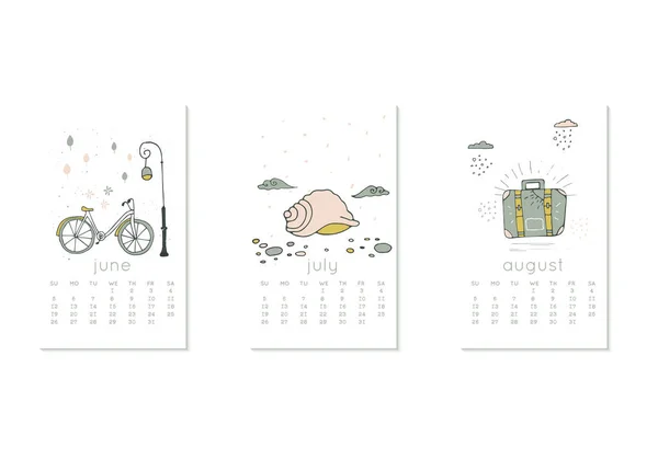 Leuk ontwerp voor kalender 2020, zomermaanden met fiets. De week begint op zondag. Verticaal bewerkbare kalender pagina sjabloon kan worden gebruikt voor web, banner, poster en printbare grafische — Stockvector
