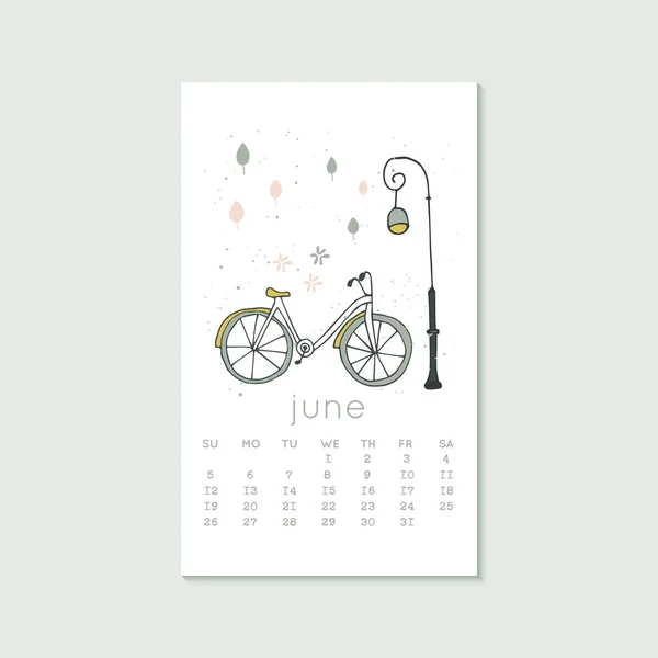 Ładny design do kalendarza 2020, letnie miesiące z rowerem. Tydzień zaczyna się w niedzielę. Pionowy edytowalny szablon strony kalendarza może być użyty do tworzenia stron www, banerów, plakatów i grafik do wydruku — Wektor stockowy
