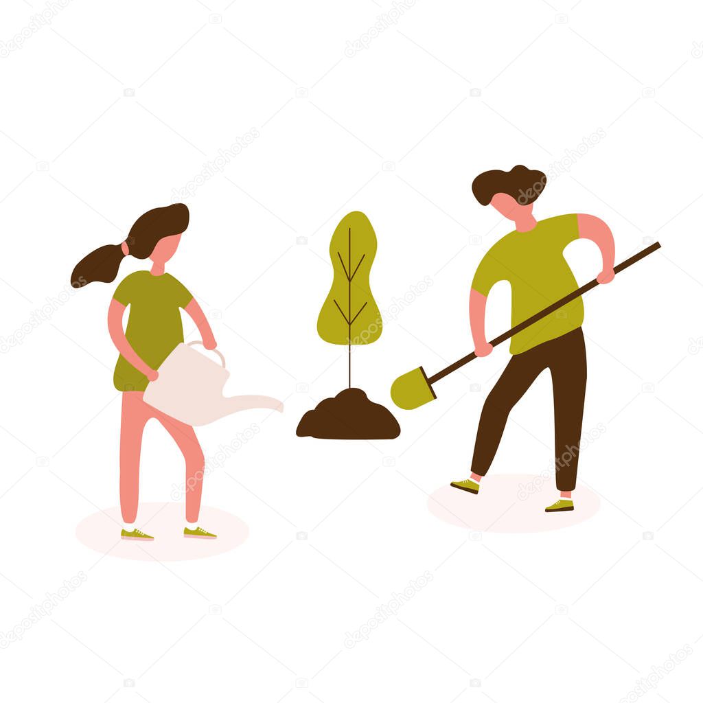 Volunteer team of young man and woman are planting tree on the city park, small people. Vector illustration of volunteering for Social workers concept. Banner template