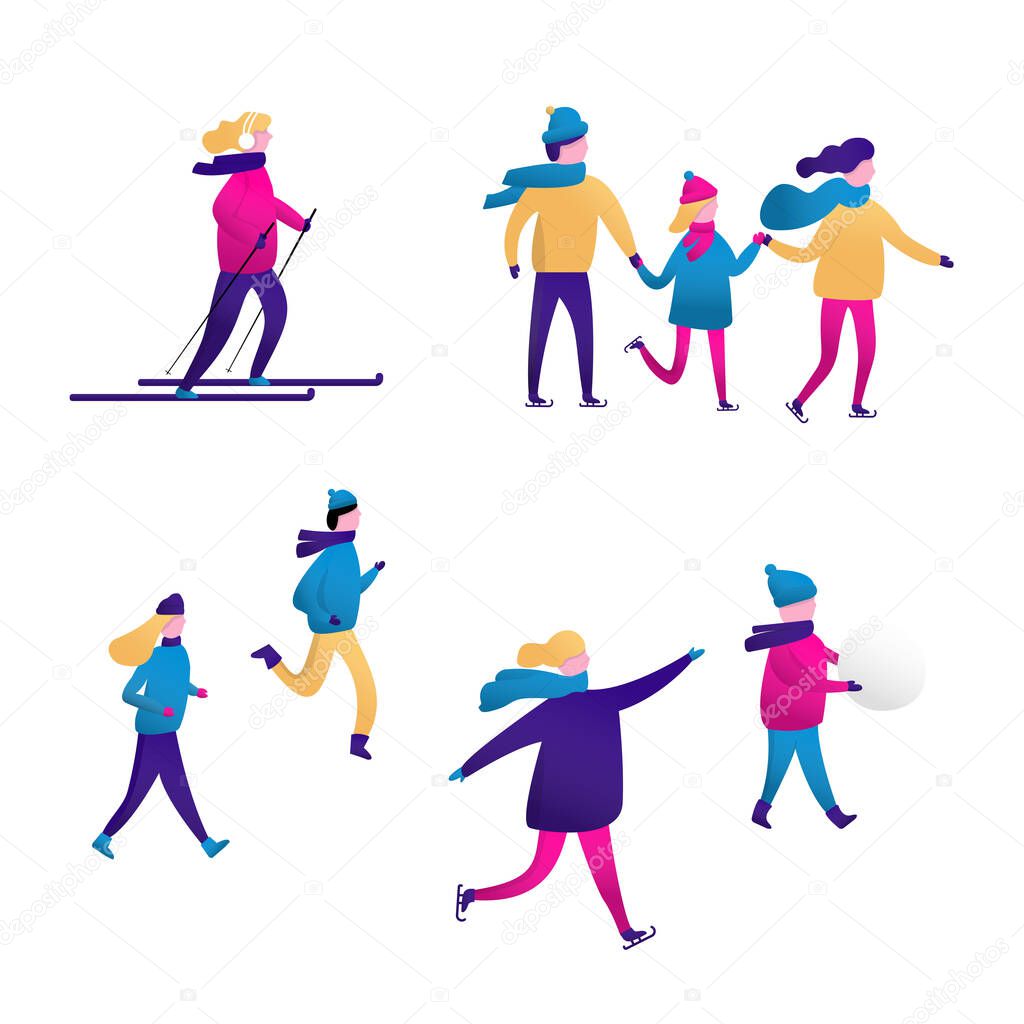 Winter sports with people, men and women, children and family. Vector scene with skiing, skating, snowboarding. Flat characters isolated. Christmas design template for greeting card, poster, banner