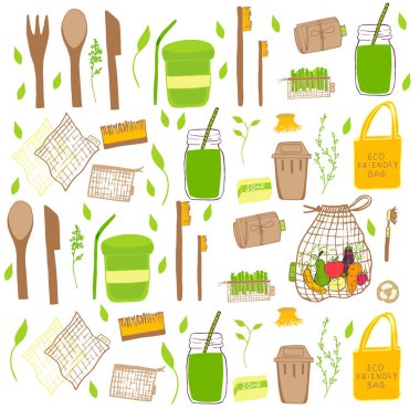 El çizilmiş Sıfır atık konsept seti. Eko li hiçbir plastik elemanları