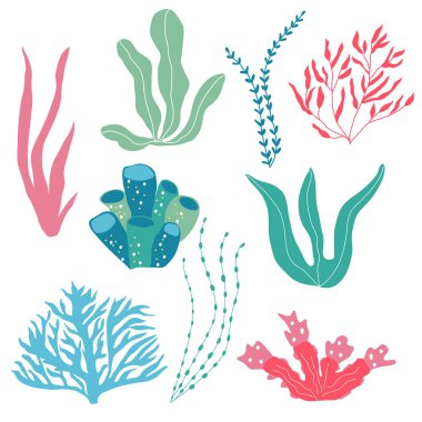 Underwater plants,  seaplants and corals, set for fabric, textil