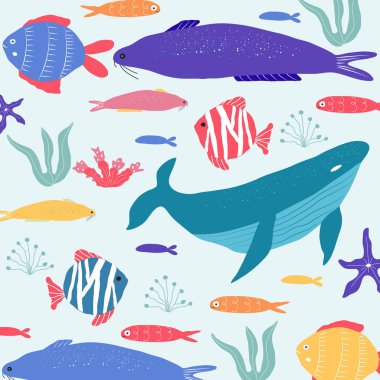 Underwater creatures  fish, jellyfish, octopus, clownfish, seapl