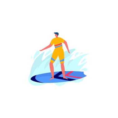 İnsanlar sahilde sörf tahtası ile sörf yapıyor. Genç kadınlar ve erkekler denizde, okyanusta tatilin tadını çıkarıyorlardı. Beyaz arka planda izole edilmiş yaz sporları ve boş zaman aktiviteleri kavramı. Düz vektör