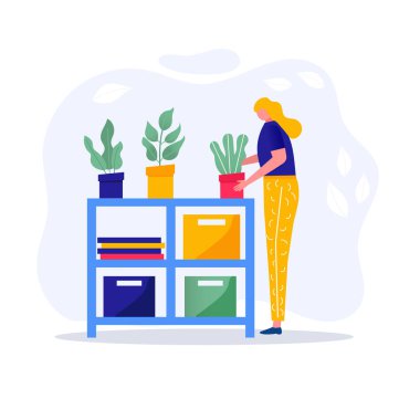 Ev bahçesi konsepti. Genç kız yapraklı bir bitki tutuyor, çiçeklerle ilgileniyor, sulıyor, ekip biçiyor. Çiçeklerin tasviri, insanların hobilerinin tadını çıkardığı saksılarda bitkiler. Vektör