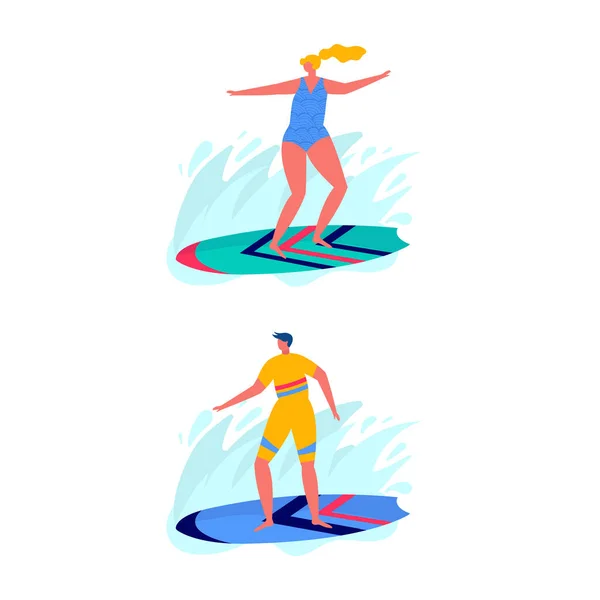 People Surfing Beachwear Surfboards Young Women Amd Men Enjoying Vacation — Stock Vector