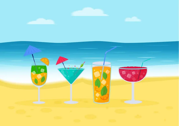 Conjunto Cocktails Tropicais Bebidas Alcoólicas Verão Copos Praia Mojito Vodka — Vetor de Stock