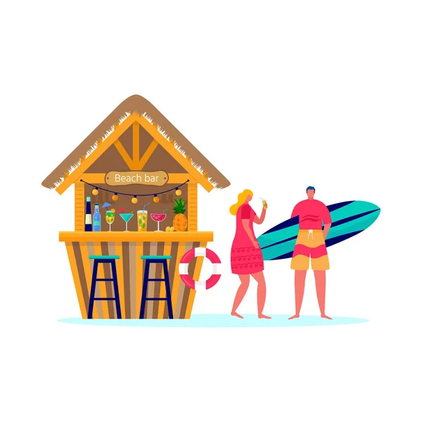 一群人穿着泳衣和冲浪板一起冲浪 年轻女人和男人都喜欢在海上 海滨酒吧度假 暑期运动的概念和休闲户外活动 平面矢量 — 图库矢量图片