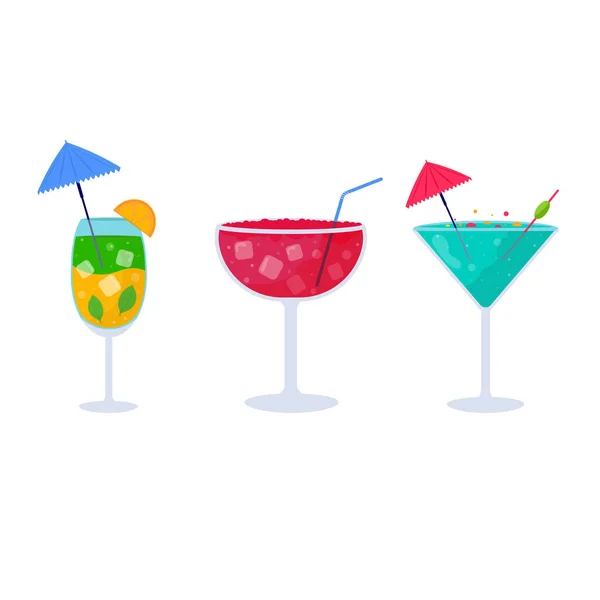 Set Tropischer Cocktails Vorhanden Alkoholische Sommergetränke Gläsern Mojito Wodka Sambuca — Stockvektor