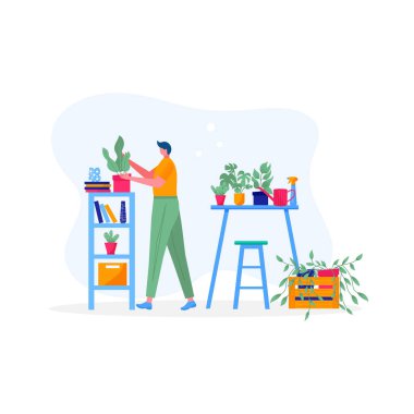 Ev bahçesi konsepti. Yapraklı bir çiçek taşıyan genç adam, çiçeklerle ilgileniyor, sulıyor, ekiyor, ekip biçiyor. Çiçeklerin tasviri, insanların hobilerinin tadını çıkardığı saksılarda bitkiler. Vektör